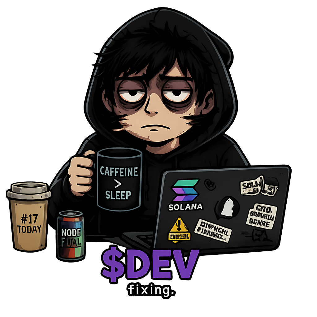 The Dev mascot — hooded developer with caffeine mug, energy drink and sticker-covered laptop